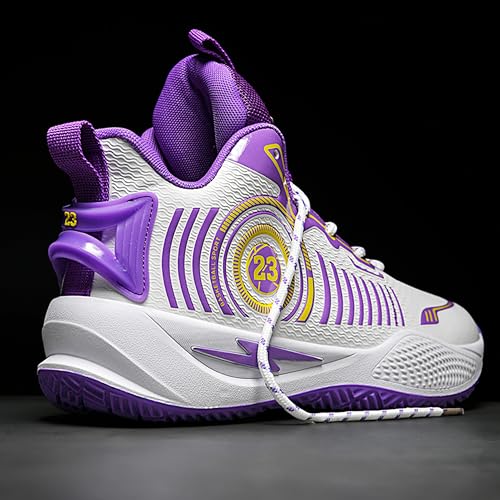 BEMYGREENBAG Men's Basketball Shoes High Top Non-Slip Shock Absorption Running Shoes Fashion Wear-Resistant Training Shoes White-Purple Size 6.5 - Image 5