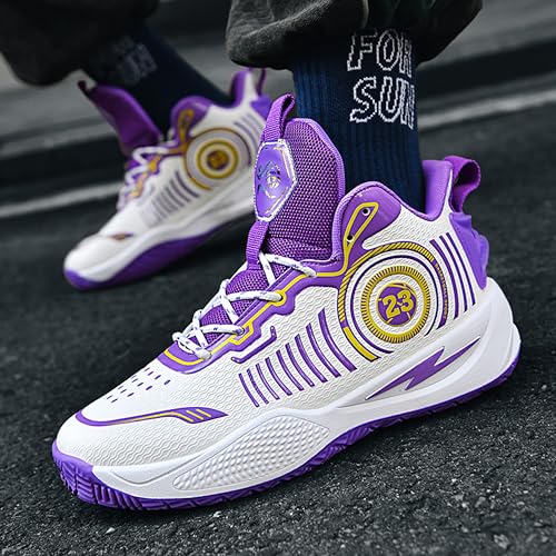 BEMYGREENBAG Men's Basketball Shoes High Top Non-Slip Shock Absorption Running Shoes Fashion Wear-Resistant Training Shoes White-Purple Size 6.5 - Image 3