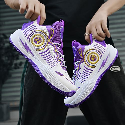 BEMYGREENBAG Men's Basketball Shoes High Top Non-Slip Shock Absorption Running Shoes Fashion Wear-Resistant Training Shoes White-Purple Size 6.5 - Image 2