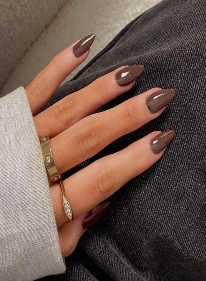 KQueenest 24 Pcs Brown Press on Nails Almond Medium, Solid Color Medium Fake Nails Acrylic Stiletto Nails Gel Stick on Nails for Women