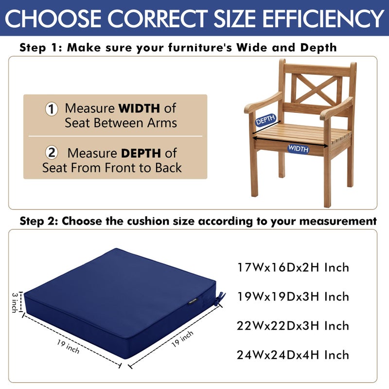 Comcaver Outdoor Chair Cushions 19 x 19 Inch Water Resistant Patio Chair Cushions with Tie 3 Year Color Fastness Thick Outdoor Seat Cushion for Garden Lawn Patio Furniture Navy Set of 2 - Image 4
