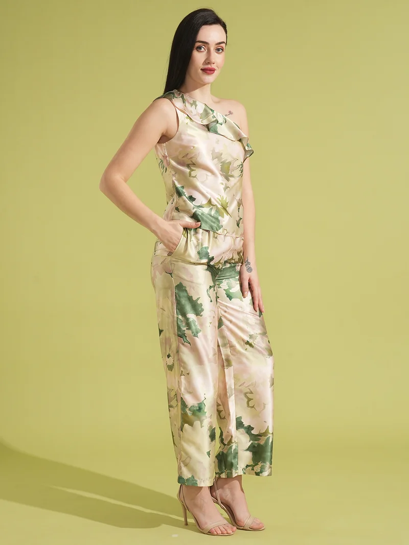 globus Globus Women Floral Printed One Shoulder Top With Trousers
