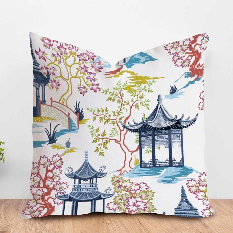 Chinoiserie Cushion Cover Pagoda Pillow Cover White Coral Blue Pillowcase Chinoiserie Chic Asian Pillow Farmhouse Home Decorative Pillows For Sofa Couch Living Room Housewarming Gift White Flax 18Inch