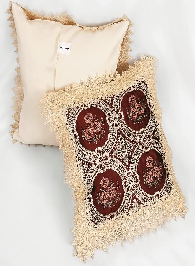 Simhomsen Set of 2 Decorative Lace Throw Pillow Case Shams Cushion Cover, Square 18 Ã— 18 Inches, Vintage Look, Burgundy, only The Cushion Cover, Without Pillow Insert - Image 3