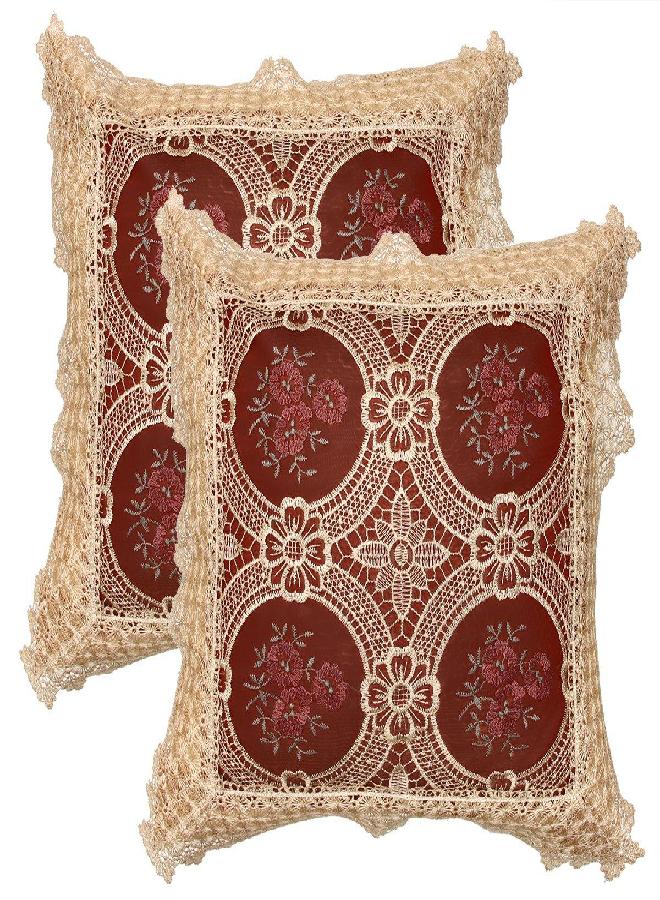 Simhomsen Set of 2 Decorative Lace Throw Pillow Case Shams Cushion Cover, Square 18 Ã— 18 Inches, Vintage Look, Burgundy, only The Cushion Cover, Without Pillow Insert - Image 1