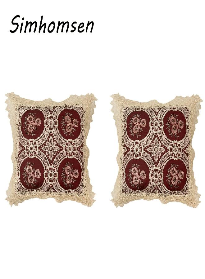 Simhomsen Set of 2 Decorative Lace Throw Pillow Case Shams Cushion Cover, Square 18 Ã— 18 Inches, Vintage Look, Burgundy, only The Cushion Cover, Without Pillow Insert - Image 2