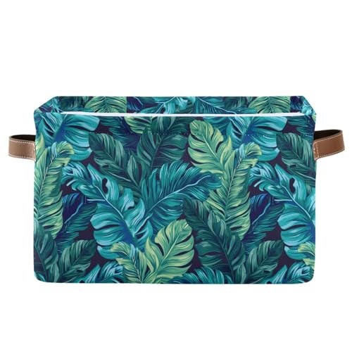 Bolaz Large Storage Basket Turquoise Tropical Leaves Green Foldable Storage Box Organizer Bins with Handles for Bedroom Home Office - Image 1