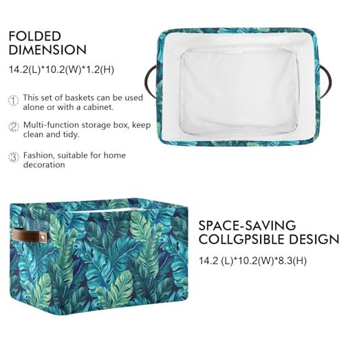 Bolaz Large Storage Basket Turquoise Tropical Leaves Green Foldable Storage Box Organizer Bins with Handles for Bedroom Home Office - Image 3