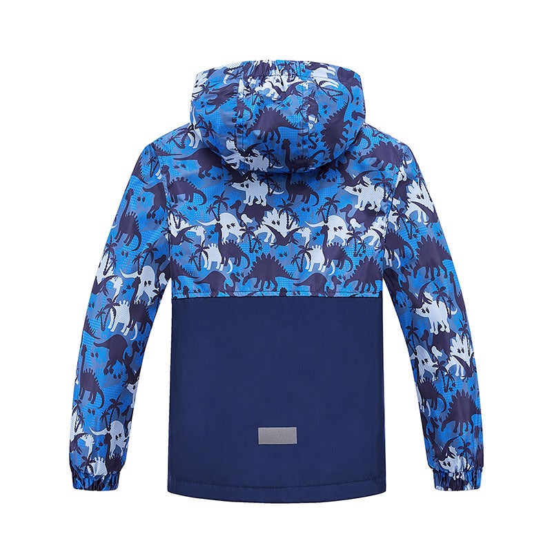 Boys' Outdoor Printed Dinosaur Waterproof Jacket Cardigan Hooded Fleece-Lined Warm Jacket Zipper Jacket Style - Image 3