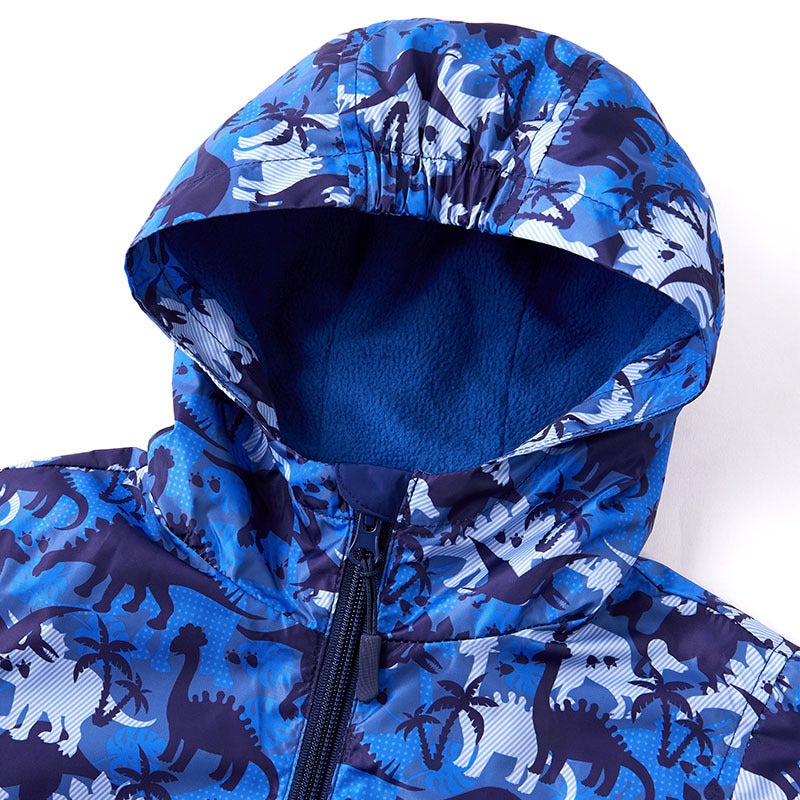 Boys' Outdoor Printed Dinosaur Waterproof Jacket Cardigan Hooded Fleece-Lined Warm Jacket Zipper Jacket Style - Image 5