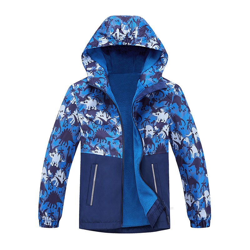 Boys' Outdoor Printed Dinosaur Waterproof Jacket Cardigan Hooded Fleece-Lined Warm Jacket Zipper Jacket Style - Image 2