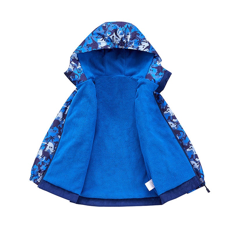 Boys' Outdoor Printed Dinosaur Waterproof Jacket Cardigan Hooded Fleece-Lined Warm Jacket Zipper Jacket Style - Image 4