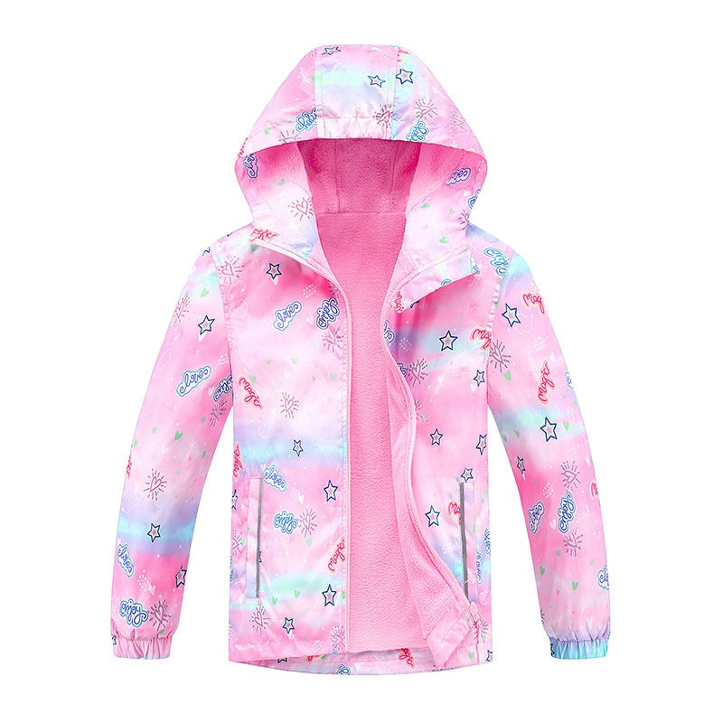 Boys' Outdoor Printed Dinosaur Waterproof Jacket Cardigan Hooded Fleece-Lined Warm Jacket Zipper Jacket Style - Image 1