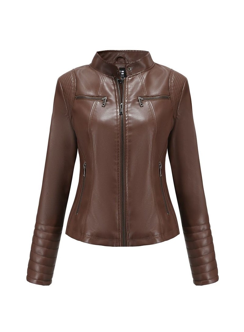 Loquat Women's Short Leather Clothing, Thin Motorcycle Clothing Brown  - Image 1