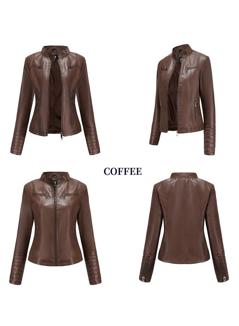 Loquat Women's Short Leather Clothing, Thin Motorcycle Clothing Brown  - Image 2