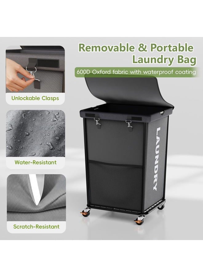 Olldide 160L Laundry Basket with Wheels, Rolling Laundry Hamper with Cloth Cover, Laundry Cart with Metal Frame & Removable Bag, Large Dirty Clothes Hampers for Bedroom Aesthetic, Laundry Room Bathroom, Grey - Image 5