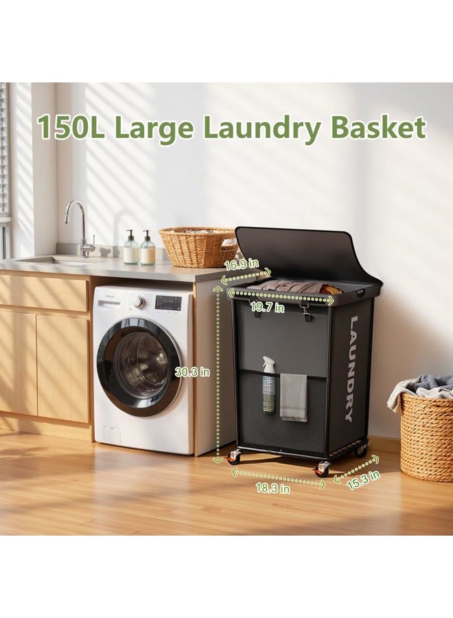 Olldide 160L Laundry Basket with Wheels, Rolling Laundry Hamper with Cloth Cover, Laundry Cart with Metal Frame & Removable Bag, Large Dirty Clothes Hampers for Bedroom Aesthetic, Laundry Room Bathroom, Grey - Image 2
