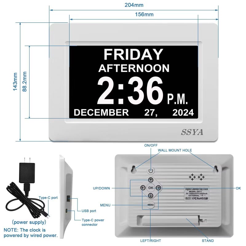 Ssya Digital Calendar Alarm Clock - Dementia Clocks For Vision Impaired  Elderly  Memory Loss Clock With Non-Abbreviated Clock With Date And Day (7 Inch) - Image 2