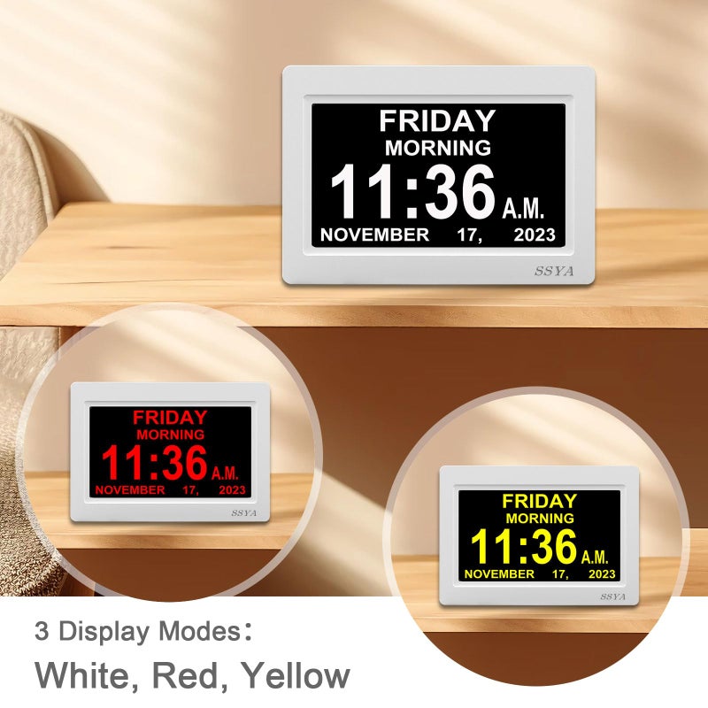 Ssya Digital Calendar Alarm Clock - Dementia Clocks For Vision Impaired  Elderly  Memory Loss Clock With Non-Abbreviated Clock With Date And Day (7 Inch) - Image 4