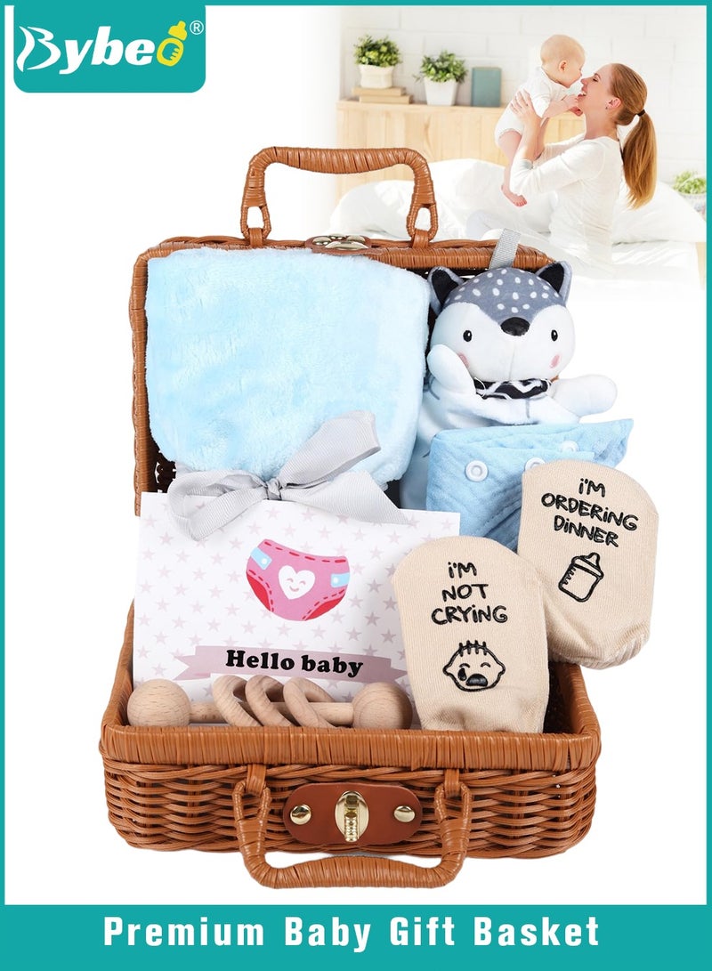 Bybeo 7 PCS Baby Gift Set, Newborn Baby Shower Gift for Boys Girls, Baby Gift Basket with Essential Stuff, Includes Blanket, Wooden Rattle Toy, Baby Bib and Socks, Greeting Card, Newborn Baby Gift Set - Image 1