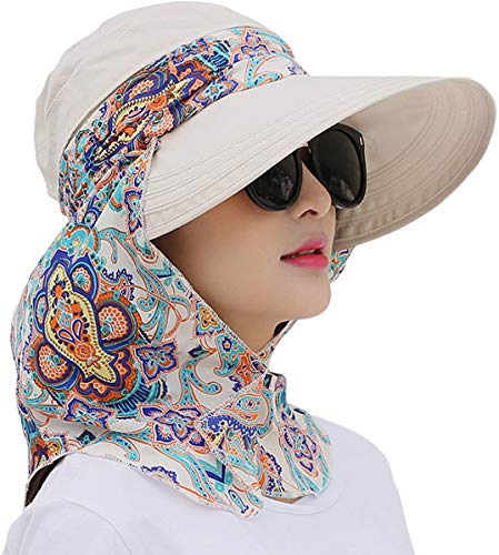 iHomey Roll Up Wide Brim Sun Visor UPF 50+ UV Protection Sun Hat with Neck Protector Beige - Image 1