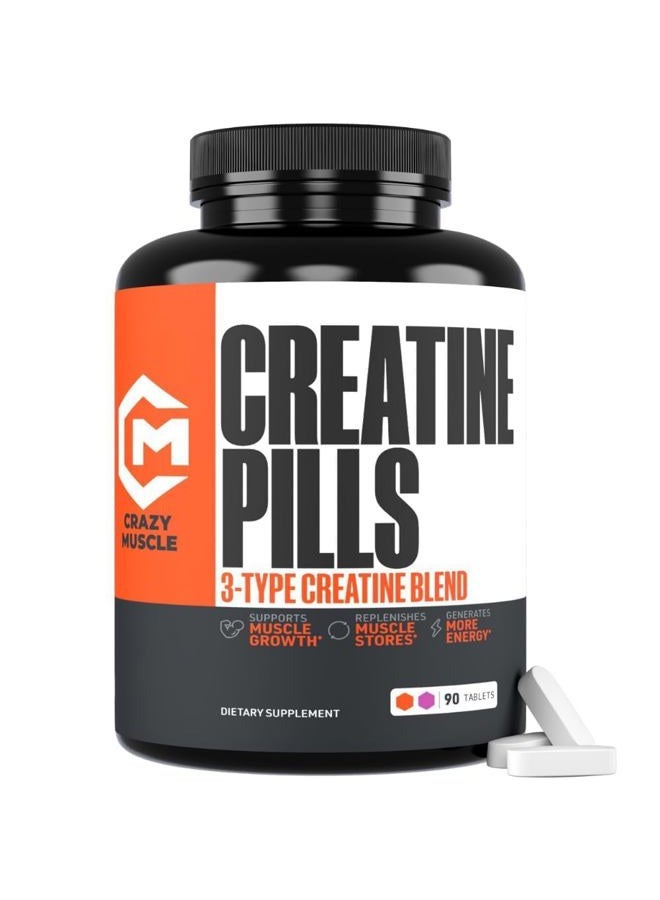 Crazy Muscle Creatine Pills, 5g 3X Pure Creatine Monohydrate Pills, Pre Workout Bulk Muscle Mass Gainer, High Absorption Easy to Take ThreeAtine 3 Type Optimum Performance for Lean Growth Men Women, 90 Tablets - Image 1