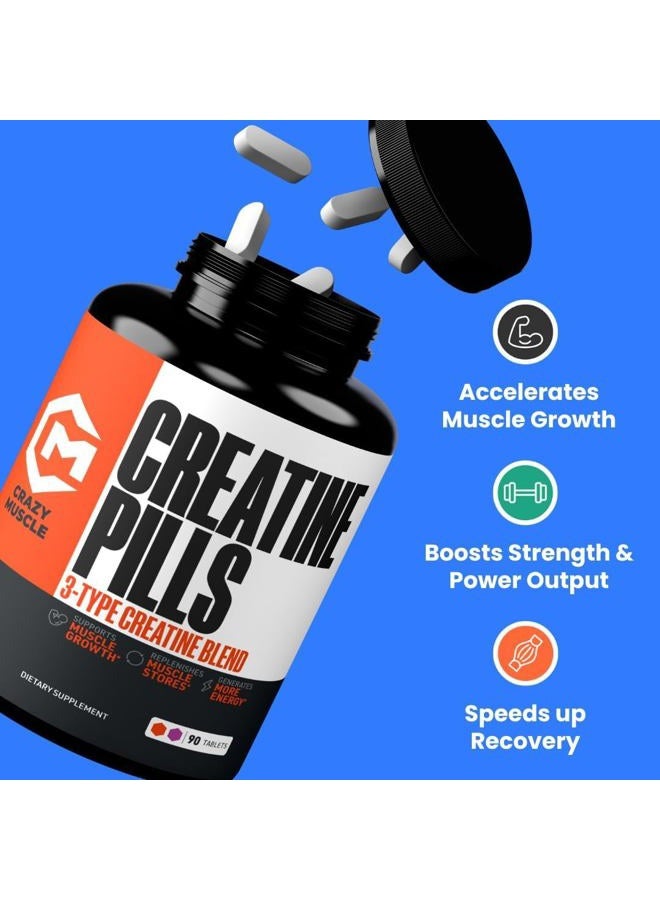 Crazy Muscle Creatine Pills, 5g 3X Pure Creatine Monohydrate Pills, Pre Workout Bulk Muscle Mass Gainer, High Absorption Easy to Take ThreeAtine 3 Type Optimum Performance for Lean Growth Men Women, 90 Tablets - Image 3