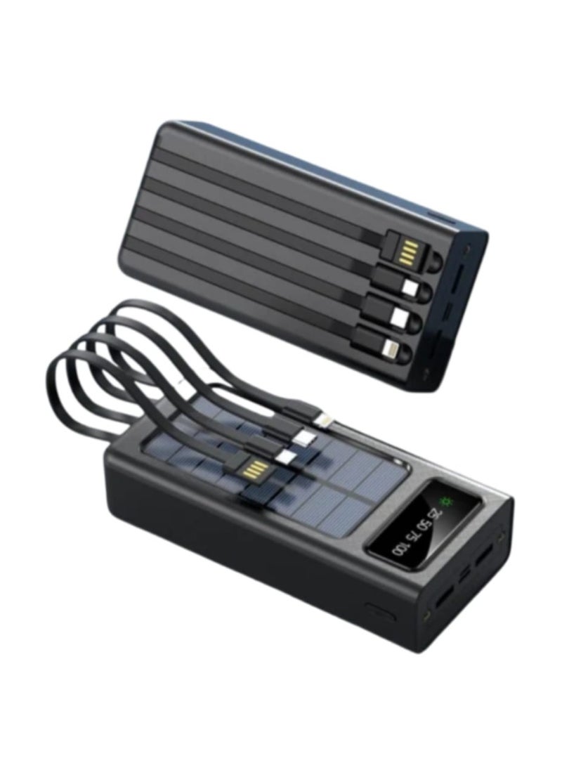 Power Bank with a Capacity Of 30,000 mAh with 4 Built-in Cables and Digital Display Screen Solar Panel Charging Black