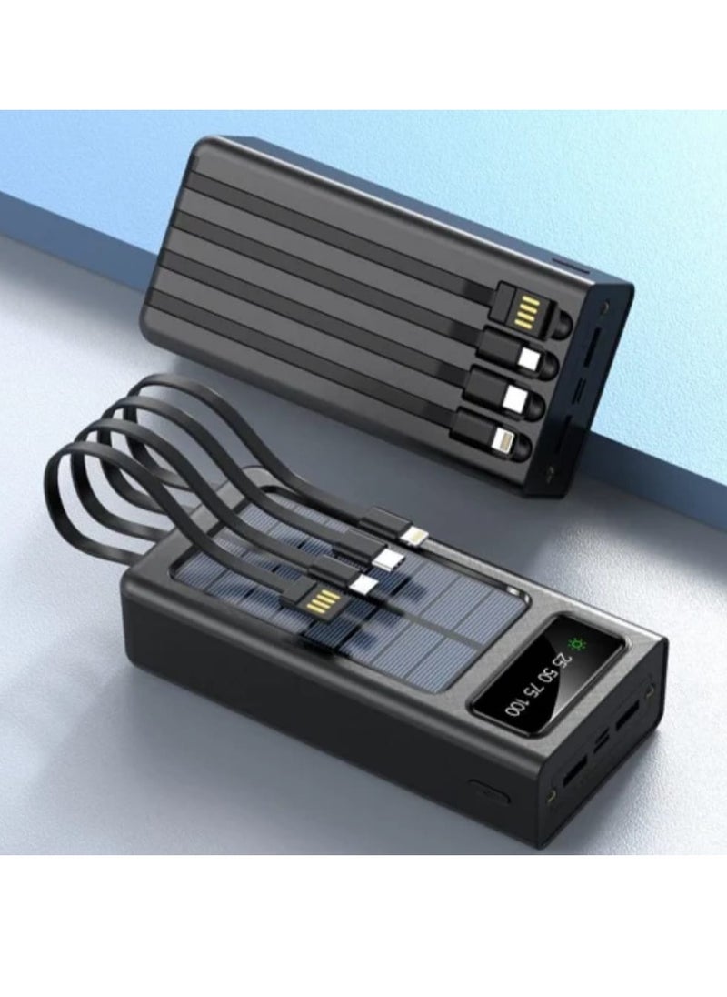 Power Bank with a Capacity Of 30,000 mAh with 4 Built-in Cables and Digital Display Screen Solar Panel Charging Black