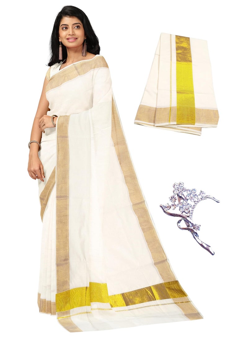 NandaVanam Women's Kerala Cotton Saree | Kasavu Saree With Designer Pallu | Onam Cotton Kasavu Sarees- with Blouse - Image 1