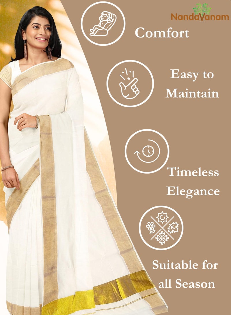 NandaVanam Women's Kerala Cotton Saree | Kasavu Saree With Designer Pallu | Onam Cotton Kasavu Sarees- with Blouse - Image 4
