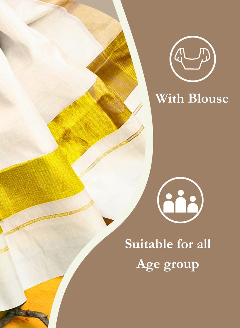 NandaVanam Women's Kerala Cotton Saree | Kasavu Saree With Designer Pallu | Onam Cotton Kasavu Sarees- with Blouse - Image 5