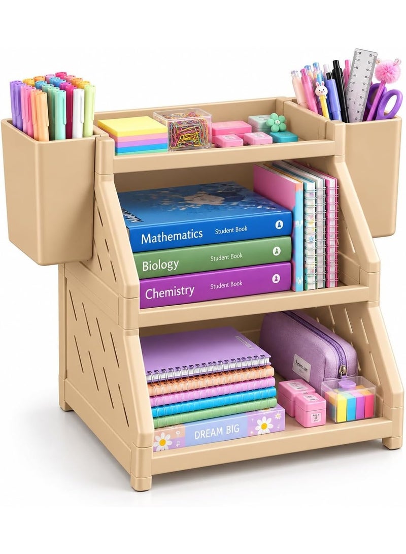 3-tier desk organizer featuring a modern design, durable plastic, and a multi-layer structure with side holders and an open layout; ideal for desk organization; camel color. - Image 1
