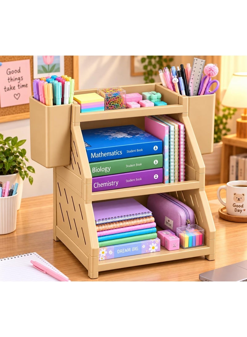 3-tier desk organizer featuring a modern design, durable plastic, and a multi-layer structure with side holders and an open layout; ideal for desk organization; camel color. - Image 2