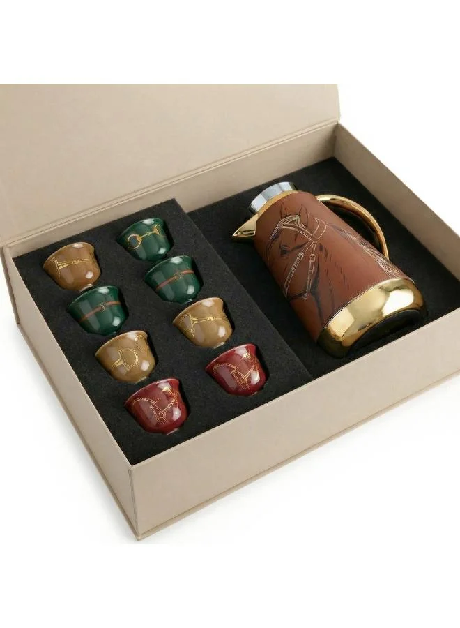 صلصال Fares Leather Dallah & 8 Arabic Coffee Cups Gift Set