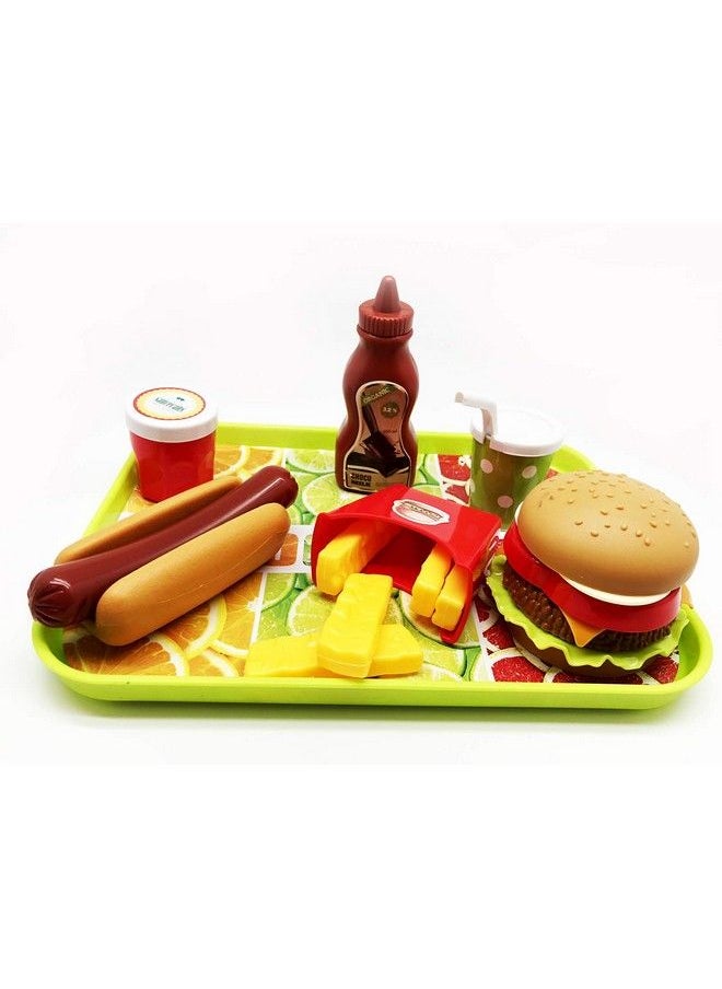 GiftExpress ® Burger & Hot Dog Fast Food Cooking Play Set For Kids With Hamburger Fries Hot Dog Coke Ketchup Milk Sauces And Tray  - Image 2