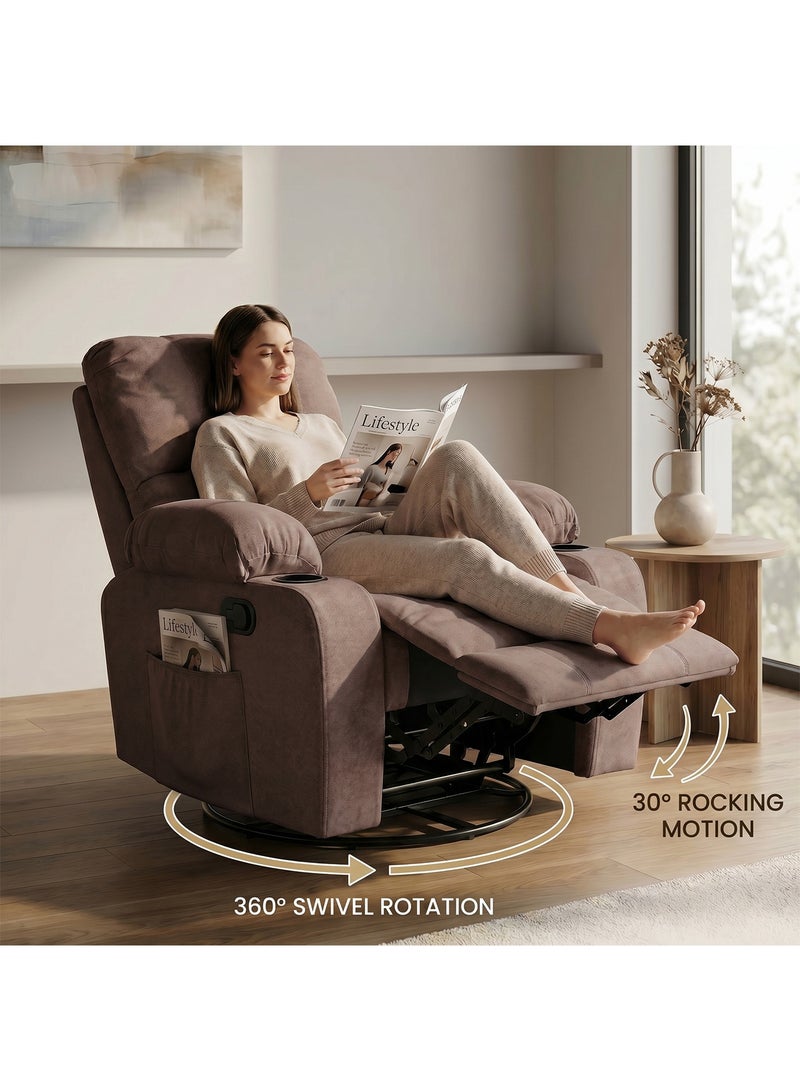 M-Smart Swivel Recliner Chair for Living Room - Lazy Boy Comfortable Rocking Chair with Double Cup Holders and Side Pocket, Back and Neck Support Design for Long Sitting, Reading, Watching TV and Napping, 95x92x93cm - Brown - Image 5