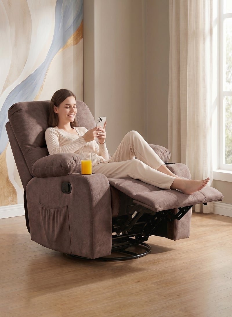 M-Smart Swivel Recliner Chair for Living Room - Lazy Boy Comfortable Rocking Chair with Double Cup Holders and Side Pocket, Back and Neck Support Design for Long Sitting, Reading, Watching TV and Napping, 95x92x93cm - Brown - Image 4