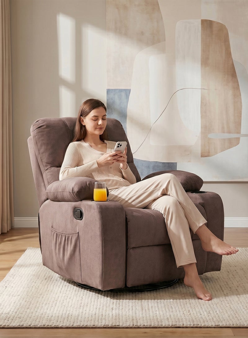 M-Smart Swivel Recliner Chair for Living Room - Lazy Boy Comfortable Rocking Chair with Double Cup Holders and Side Pocket, Back and Neck Support Design for Long Sitting, Reading, Watching TV and Napping, 95x92x93cm - Brown - Image 3