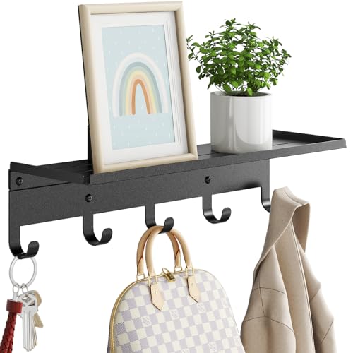 Bethom Wall Shelf with Hooks Metal Coat Rack Wall Mounted with 5 Hooks 17 Inch Length Entryway Coat Hangers Storage Clothes Bags Purse Keys for Living Room Bedroom Black