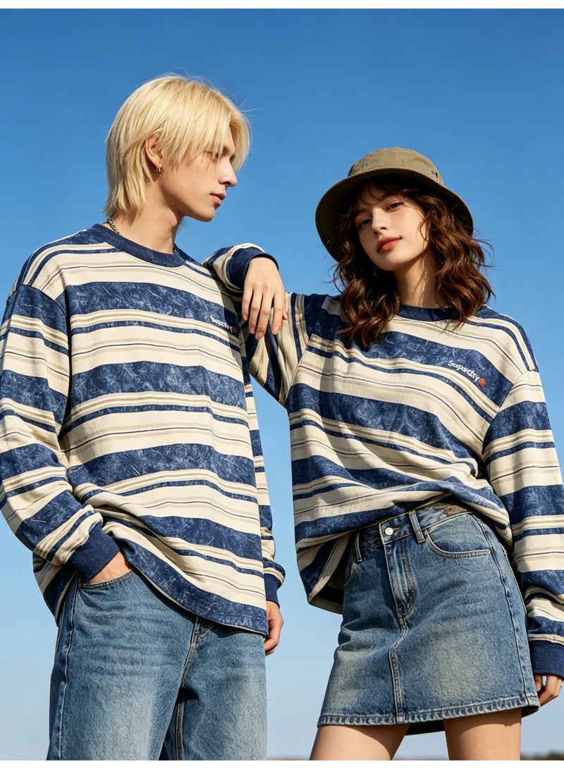 سوبر دراي Superdry Men and women with the same old striped round neck contrast striped loose sweater - Image 2