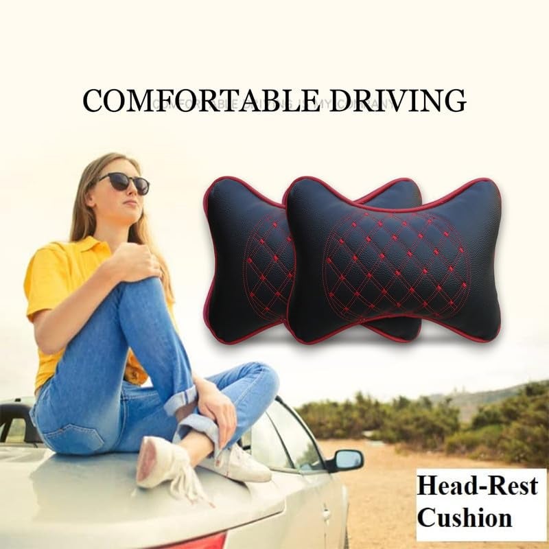 Adroitz Car Neck Rest Pillow Head Rest Cushion for Swift, Car Seat, Neck Support for Long Driving (Black, with Red Embroidery) -2 Pieces - Image 3