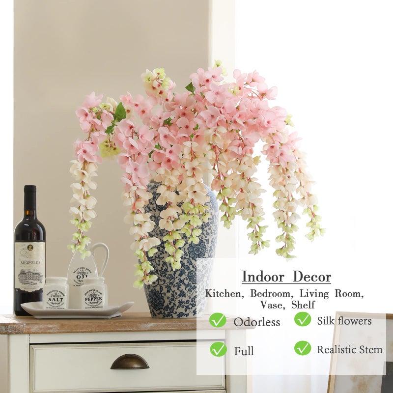 dallisten Dailisen 3 Strands 40'' Silk Blush Wisteria Artificial Flowers  Fake Wisteria Floral Hanging Plant Garland  For Home Decor  Party  Floor Vase  Balcony  Wedding Arrangement Decoration (Blush) - Image 3