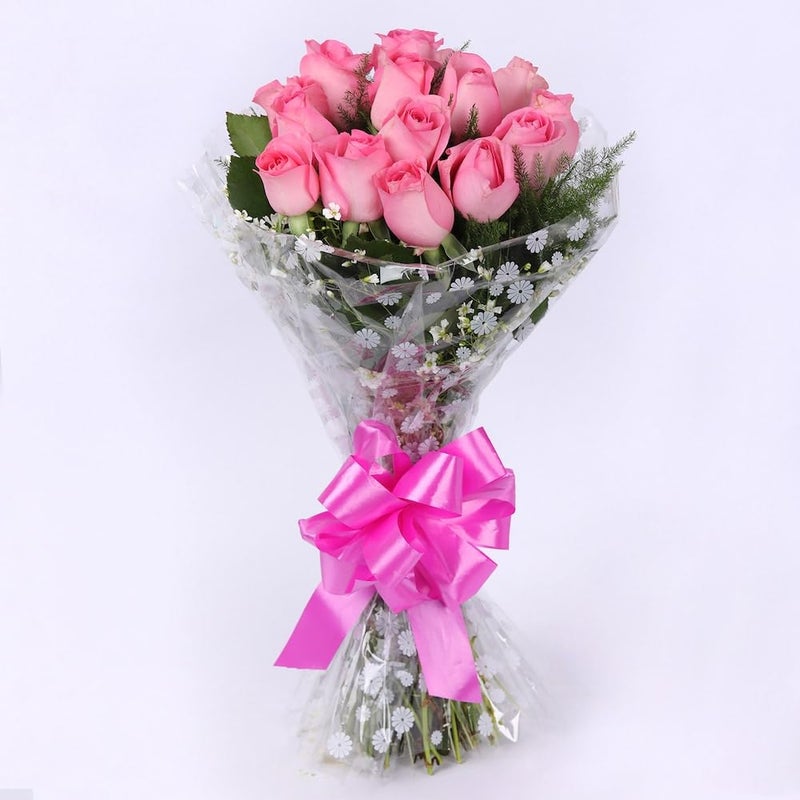 The FloralMart The FloralMart Fresh Flowers Bouquet of 08 Pink Roses in Cellophane Wrapping Gift for All Occasions 