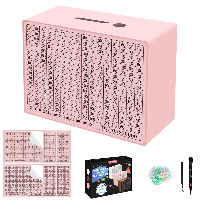 Gomyrod Wooden Money Saving Box Cash Vault Savings Box for 10000 5000 3000 1000 800 500 Target Money Saving Challenge Reusable Money Box with Counter Dry Erase PenSavings TrackersRubber BandPink - Image 2