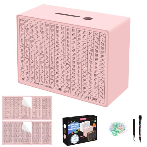 Gomyrod Wooden Money Saving Box Cash Vault Savings Box for 10000 5000 3000 1000 800 500 Target Money Saving Challenge Reusable Money Box with Counter Dry Erase PenSavings TrackersRubber BandPink - Image 1