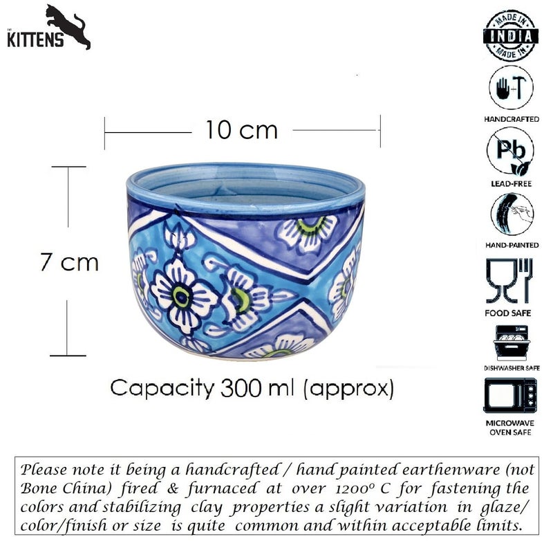 KITTENS Hand Painted Ceramic Soup Bowl Set of 4 – 300ml Each | Blue Floral Design | Microwave & Dishwasher Safe | Food Grade | Ideal for Serving Maggi, Snacks, Pasta, Soup – Made in India - Image 5
