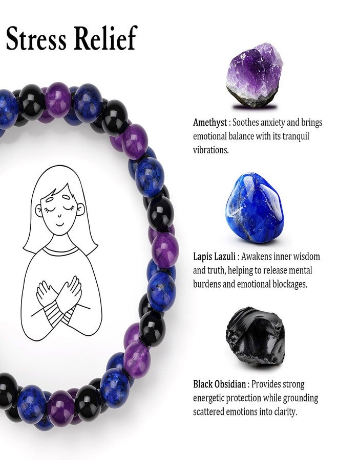 Raicegs Stress Relief Bracelet Natural Stones Amethyst Lapis Lazuli Black Obsidian Beaded Bracelet for Men Women Healing Crystal Bracelet - Image 2