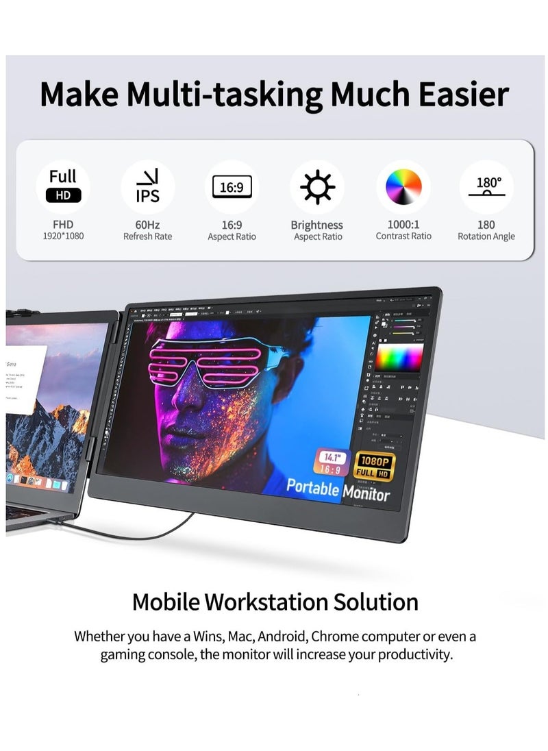 V2COM - 14 Laptop Screen Extender, 1080P FHD Portable Monitor for Laptop USB C HDMI, Plug-Play Laptop Monitor Extender for 13'' -17.3'' Laptops, Compatible for Mac/Wins/Android/Switch - Image 1