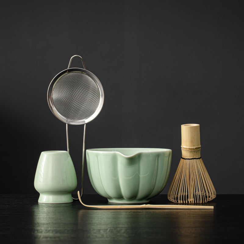 SFTXEY Matcha Whisk Set, Matcha Set Includes Ceramic Matcha Bowl, Bamboo Whisk, Scoop, Chasen Holder, Sifter - 5 Pcs Perfect Matcha Kit for Matcha Lover (Emerald Green) - Image 1